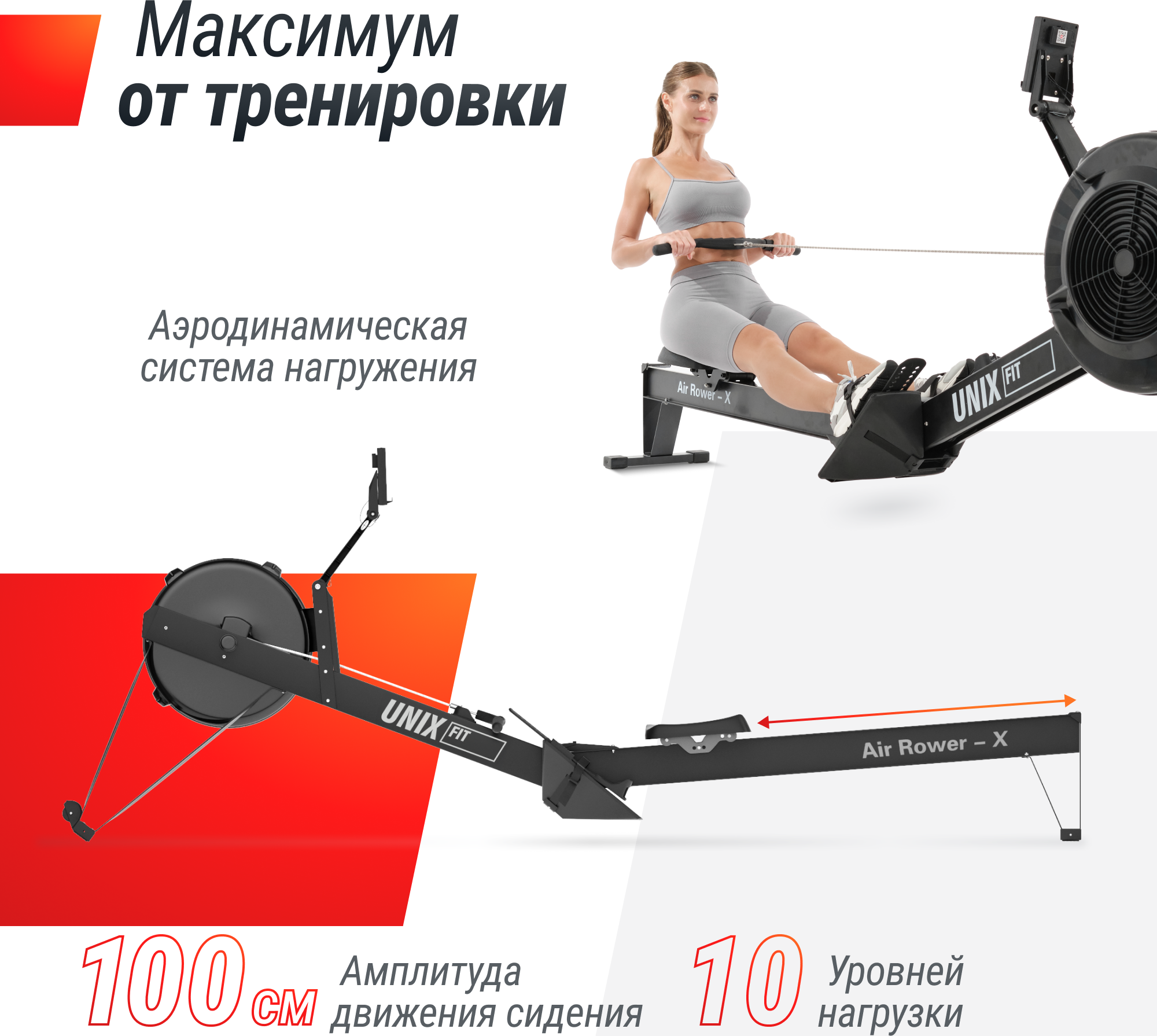 Гребной тренажер UNIX Fit Air Rower-X Black - купить в Москве , цена 69 890  руб.